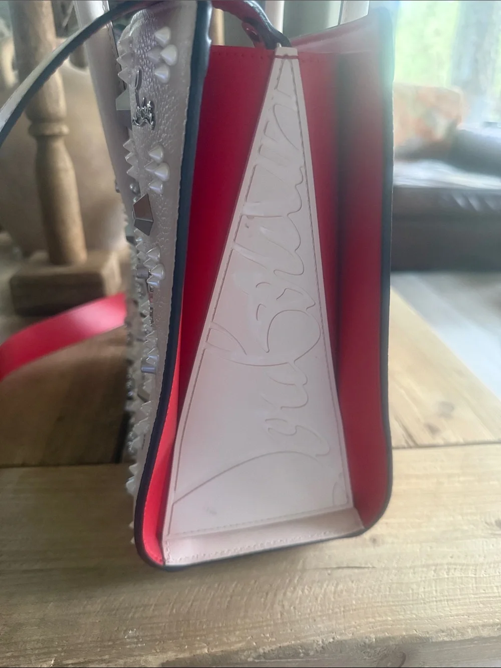 Christian Louboutin Blush Pink Embellished Satchel with Red Strap
